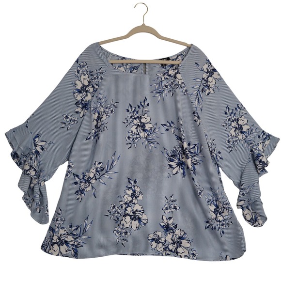 Roz & Ali Tops - Roz & Ali Floral Flutter Sleeve Blouse Women's Plus Size 2X Blue White Stripe